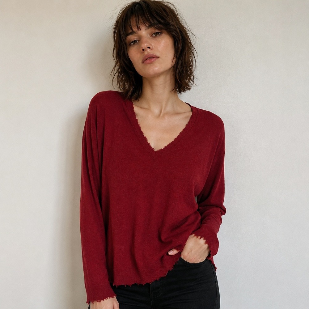 Zadig & Voltaire Womens Apple CP Sweater Small Red Cashmere V-Neck Distressed